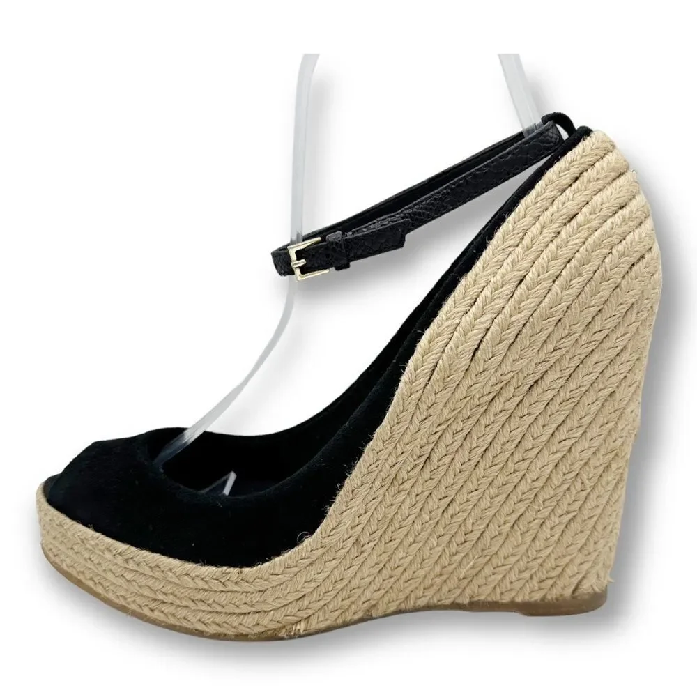 JEAN-MICHEL CAZABAT Black Suede Peep-Toe Espadrille Wedges Sz 37.5 ‎ US 7